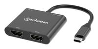 Manhattan Adaptador multipuerto con USB tipo C macho a dos puertos HDMI (hasta 4K@60Hz), USB-A (480 Mbps) y USB Power Delivery de carga (100 W), aluminio, negro