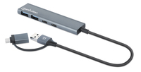 Manhattan Conector adaptable de USB-A macho a USB-C macho, dos puertos USB-C hembra y dos puertos USB-A hembra, USB SuperSpeed a 5 Gbps (USB 3.2 Gen 1), alimentación por bus, aluminio, gris espacial