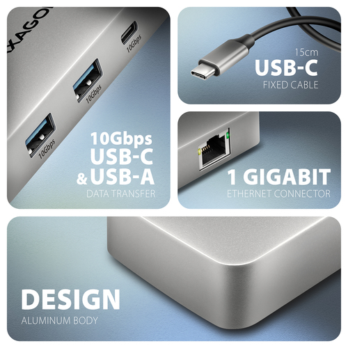 Axagon HUB USB HMC-CUB83X2, USB 10Gbps hub, 2x USB-A, USB-C, HDMI & DP 4k/144Hz, RJ-45 GLAN, PD 100W, kabel USB-C 15cm – image 3
