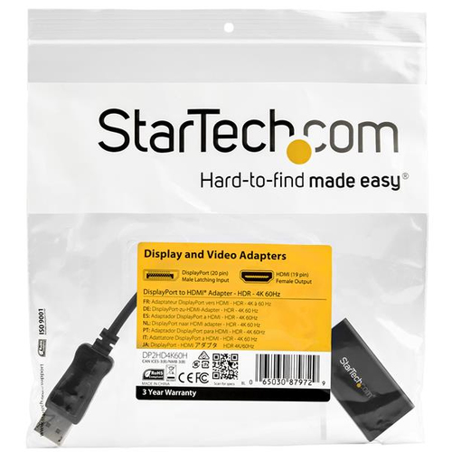 StarTech.com DisplayPort to HDMI Adapter, 4K 60Hz HDR10 Active DisplayPort 1.4 to HDMI 2.0b Video Converter, 4K DP to HDMI Adapter Dongle for Monitor/Display/TV, Latching DP Connector - Ultra HD, EMI Shielding (DP2HD4K60H) Videoadapter 25.16cm Sort – billede 6