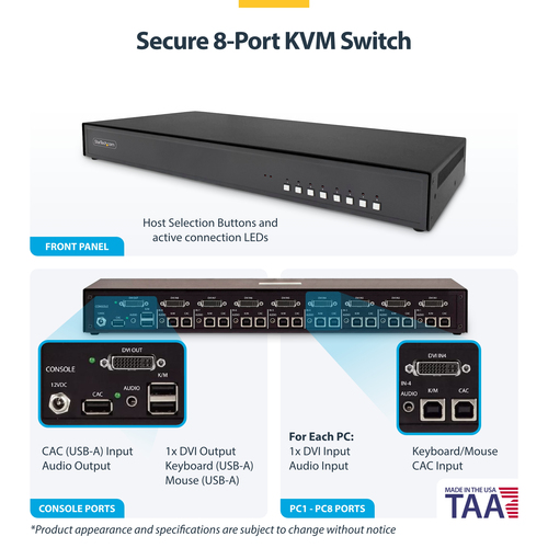 StarTech.com Secure 8-Port DVI KVM Switch, NIAP 4.0 Desktop KVM, Metal Housing, CAC Port, Made in the USA – image 4