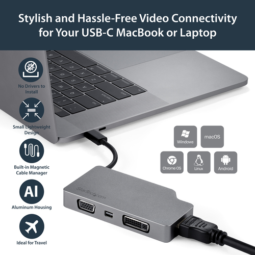 StarTech.com USB C Multiport Video Adapter with HDMI, VGA, Mini DisplayPort or DVI - USB Type C Monitor Adapter to HDMI 1.4 or mDP 1.2 (4K) - VGA or DVI (1080p) – image 8