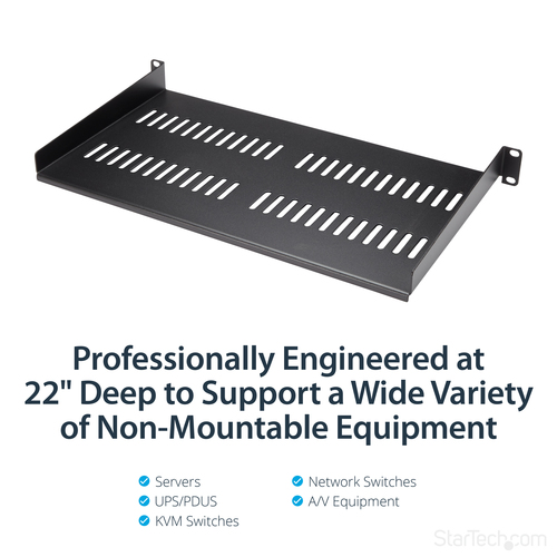 StarTech.com 1U Vented Server Rack Cabinet Shelf - Fixed 10in Deep Cantilever Rackmount Tray for 19 Data/AV/Network Enclosure w/Cage Nuts Rackhylde Sort – billede 6