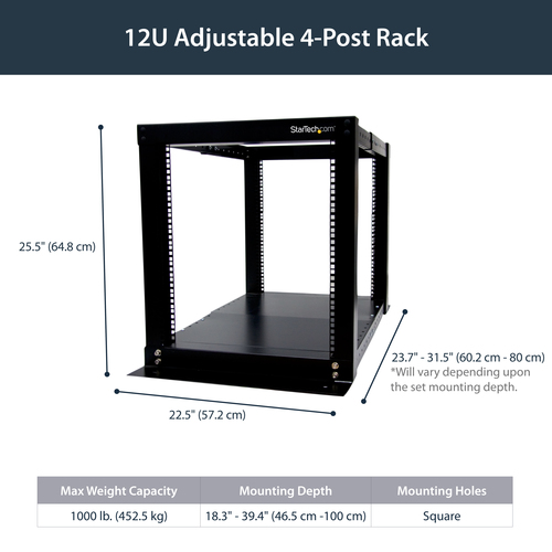 StarTech.com 12U Adjustable 4 Post Server Equipment Open Frame Rack Cabinet – image 6