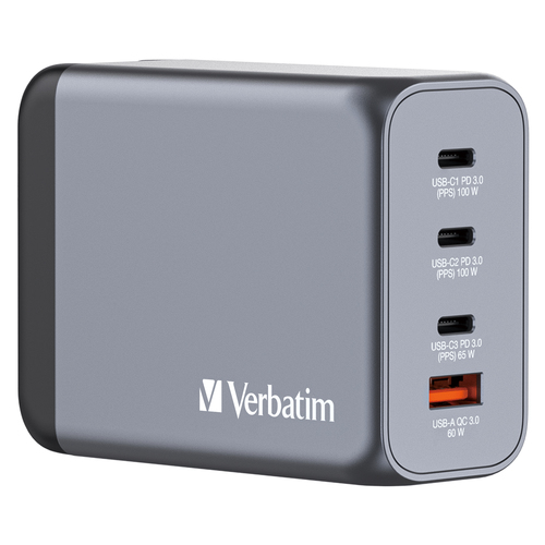 32204 Cargador de pared Verbatim GaN de 200 W combina dos puertos USB-C PD 100 W un puerto USB-C PD 65 W y un puerto USB-A QC 30  32204