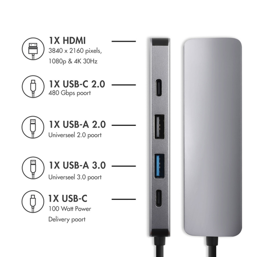 Accezz 5-in-1 USB-C Hub - 4K 30Hz Ultra HD, afbeelding 2