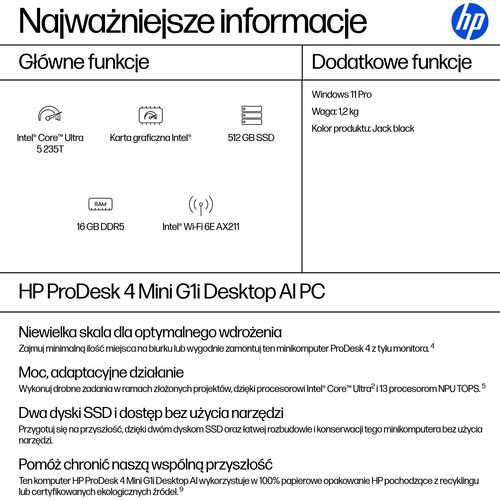 HP Inc. Komputer ProDesk 4 Mini G1i  U5-235T 512GB/16GB/W11P      BY6Y0ET