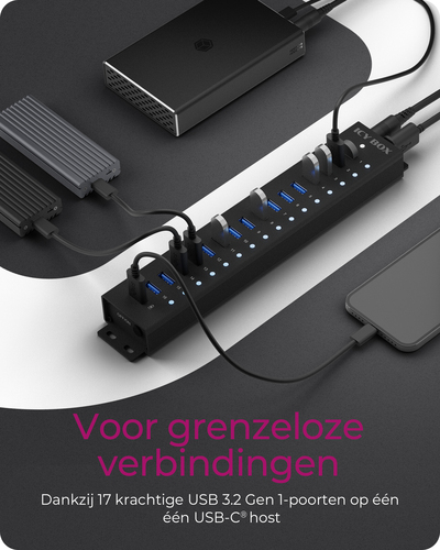 Hub 16+1 Port USB IcyBox 16x USB; 1x USB Laden USB3.2 Gen1 retail, afbeelding 2
