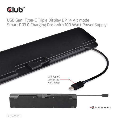 CLUB3D USB Gen1 Type-C Triple Display DP1.4 Alt mode Smart PD3.0 Charging Dock with 100 Watt Power S, afbeelding 4