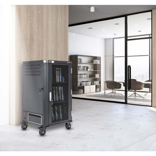 Manhattan Laadtrolley voor 30 laptops (tot 16"), laden via interne AC-adapters (EU) (installatie van voedingskabels van apparaten vereist), geschikt voor ALLE laptops, iPad, MacBook en Chromebook, vakken 380×30×280 mm, landkast, afsluitbaar