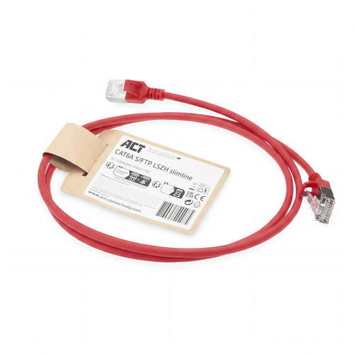 ACT Rode 1.5 meter LSZH S/FTP CAT6A slimline patchkabel snagless met RJ45 connectoren, afbeelding 2