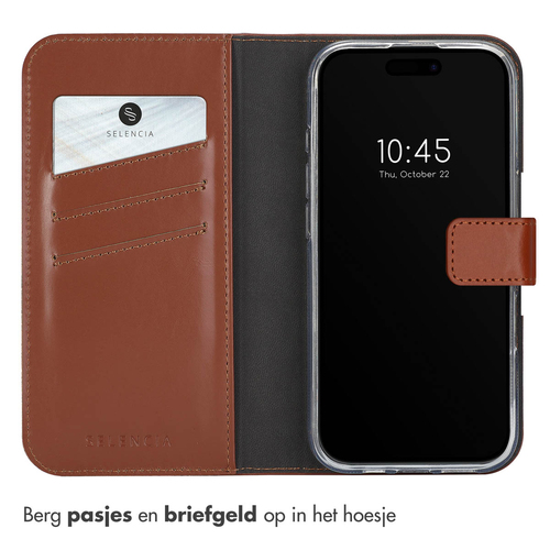Selencia Echt Lederen Bookcase iPhone 16 Pro - Lichtbruin, afbeelding 3