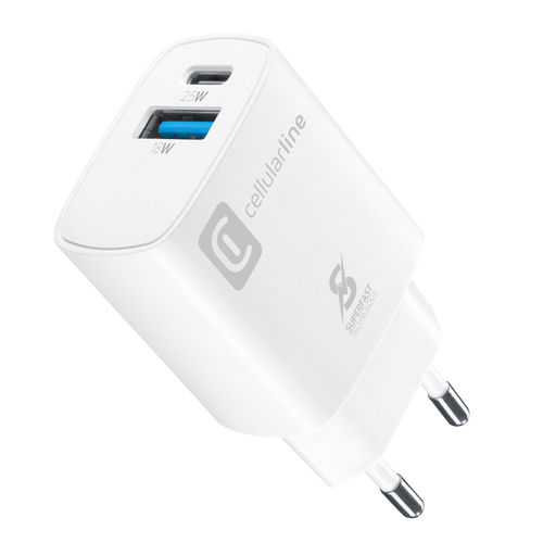 Cellularline ACHSM2USBPD25WSMLW зарядное устройство для мобильных устройств Смартфон, Универсальная Белый Кабель переменного тока Быстрая зарядка Для помещений
