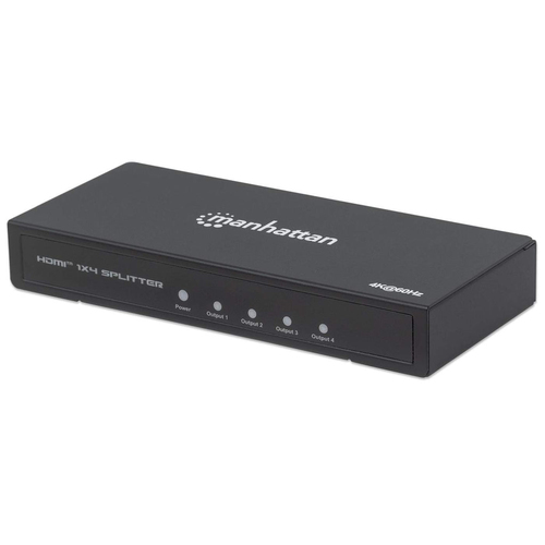 Manhattan HDMI Splitter 4-Port , 4K@60Hz, Displays output from x1 HDMI source to x4 HD displays (same output to four displays), AC Powered (cable 1.2m), Black,