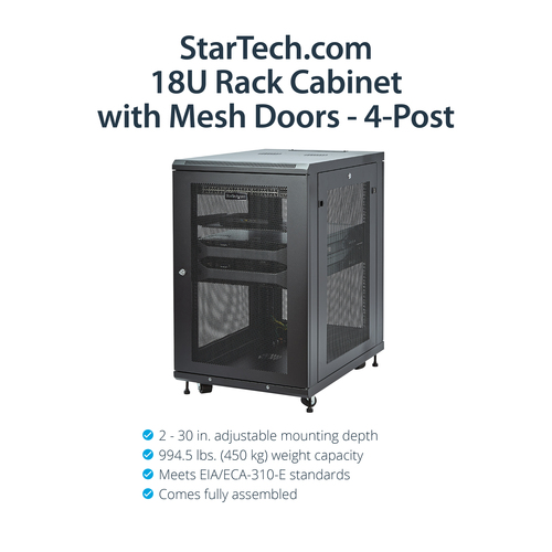 StarTech.com 18U 19 Server Rack Cabinet - 4 Post Adjustable Depth 2-30 Mobile Locking Vented IT/Data Network Enclosure w/Casters & Shelf Rack – billede 8