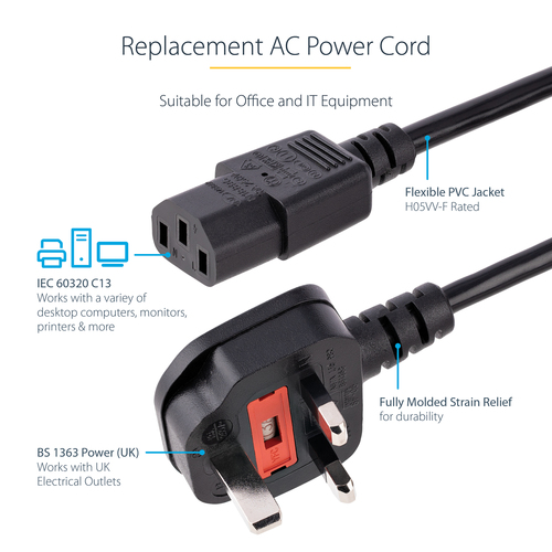 StarTech.com 10ft (3m) UK Computer Power Cable, 18AWG, BS 1363 to C13 Power Cord, 10A 250V, Black Replacement AC Power Cord, TV/Monitor Power Cable, BS 1363 to IEC 60320 C13 Kettle Lead - Power Supply Cable Strømkabel 3m Sort – billede 6