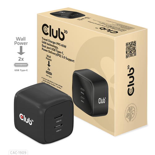 Club 3D 45W GaN PPS Travel Charger oplader, afbeelding 2