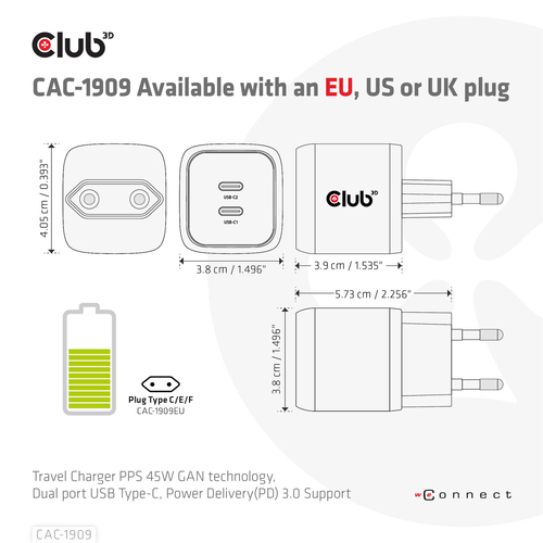 Club 3D 45W GaN PPS Travel Charger oplader, afbeelding 4