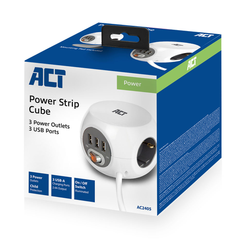 ACT Connectivity Vierkante stekkerdoos (PDU) met 3 sockets type F, 3 USB-A poorten, 1,5m, afbeelding 5