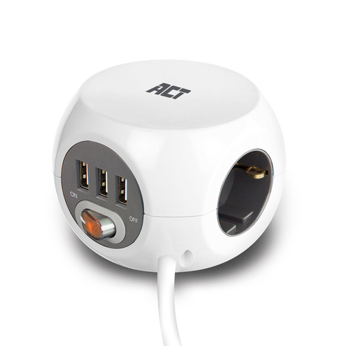 ACT Connectivity Vierkante stekkerdoos (PDU) met 3 sockets type F, 3 USB-A poorten, 1,5m