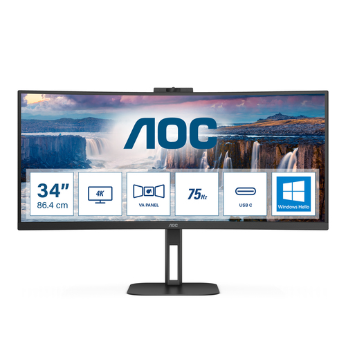 MONITOR CURVO AOC 34 PANEL VA / FRECUENCIA 100HZ / TDR 4 MS / FLICKER FREE / LOW BLUE LIGHT / COLOR NEGRO/ HDMI / VGA / DISPLAYPORT / ASPECTO 219 / RESOLUCION 3440 X 1440 / BRILLO 300 CD/M2 CU34V5CW/BK - CU34V5CW/BK