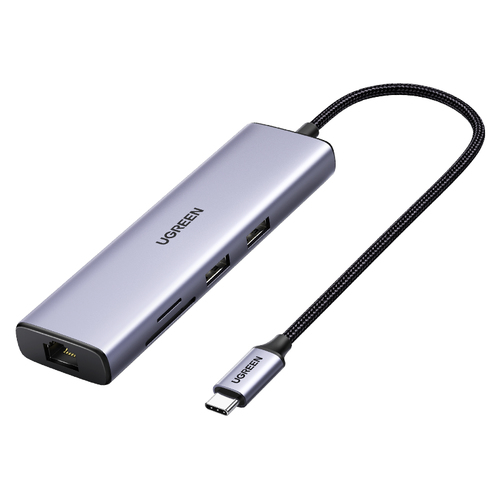 60515 HUB USB-C Docking Station 7 en 1 2 USB-A 30 5Gbps 1 USB-C PD Carga 100W HDMI 4K60Hz RJ45 Gigabit Ethernet Lector Tarjetas SD Micro SD TF Uso Simultáneo Cable de Nylon Trenzado Caja de Aluminio 60515