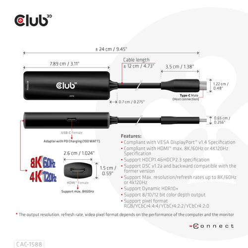 Club 3D USB-C naar HDMI 2.1+ PD 3.0 100 Watt adapter, afbeelding 6