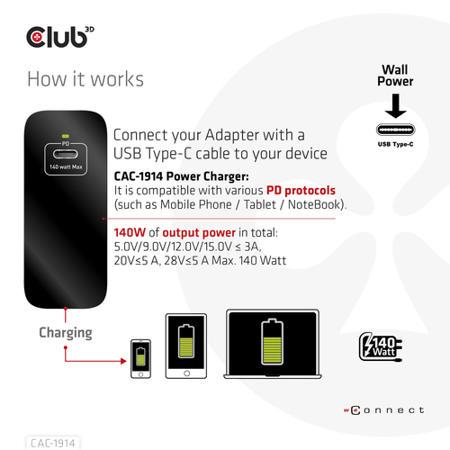 Club 3D Travel Charger 140 Watt GaN technology, Single port USB Type-C oplader, afbeelding 3