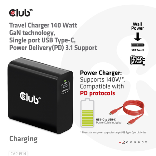 Club 3D Travel Charger 140 Watt GaN technology, Single port USB Type-C oplader, afbeelding 2