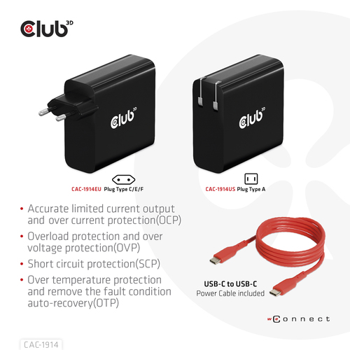 Club 3D Travel Charger 140 Watt GaN technology, Single port USB Type-C oplader, afbeelding 8