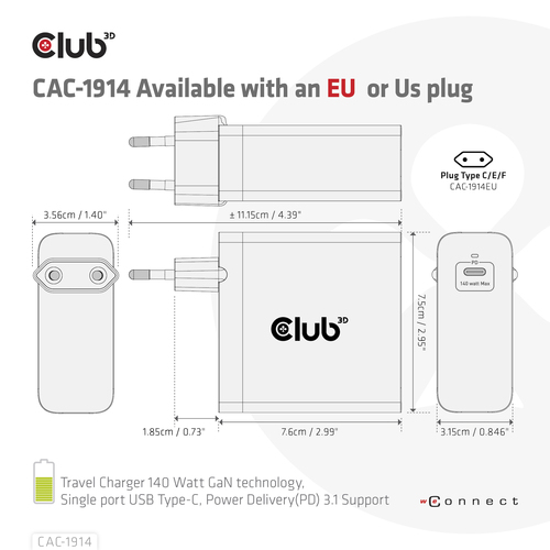 Club 3D Travel Charger 140 Watt GaN technology, Single port USB Type-C oplader, afbeelding 5