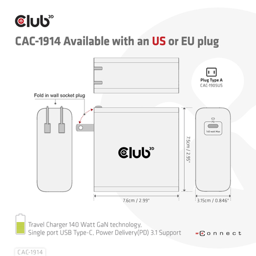Club 3D Travel Charger 140 Watt GaN technology, Single port USB Type-C oplader, afbeelding 7