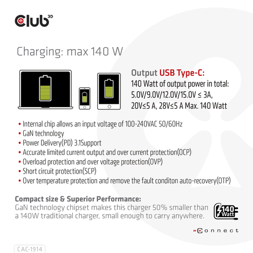 Club 3D Travel Charger 140 Watt GaN technology, Single port USB Type-C oplader, afbeelding 4