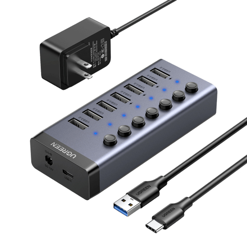 90305 HUB de 7 Puertos USB 30 / 4 puertos de Carga Inteligente / Interruptor Individual / Indicadores LED / USB 30 a 5Gbps / 1 USB-C Hembra solo datos / Incluye Adaptador de Corriente 12V 2A / 7 en 1 90305