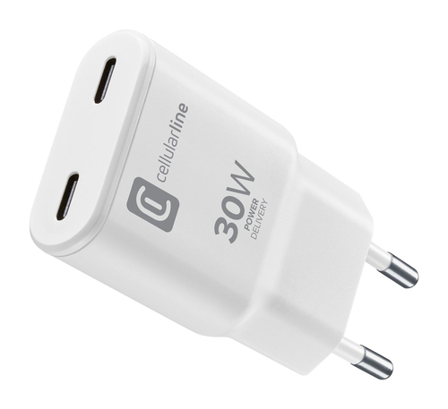Cellularline GAN Wall Charger 2xUSB-C 30W PD Универсальная Белый Кабель переменного тока Быстрая зарядка Для помещений