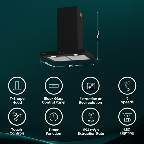Hisense CH6T14BBUK cooker hood Wall-mounted Black 594 m³/h – image 2