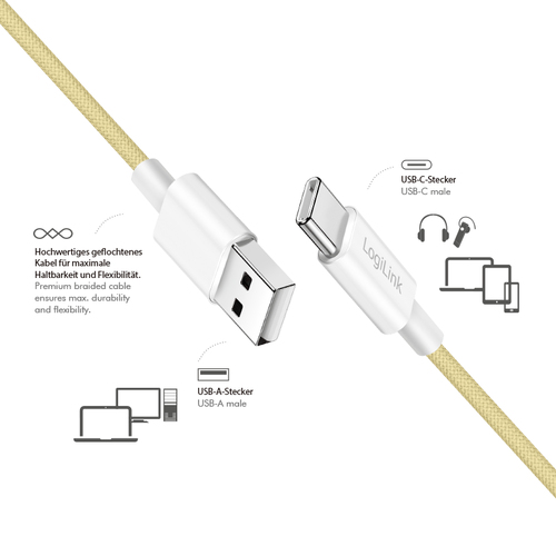 Product image: LogiLink USB 2.0 Type-C cable, C/M to A/M, nylon jacket, 60W, yellow, 0.5 m