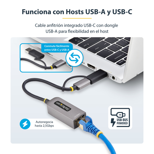 StarTech.com Adaptador de Red Ethernet USB Tipo C a RJ45 - Adaptador de Red USB-C con Conversor USB-A - NBASE-T - USB 3.1 - Compatible con Thunderbolt - para Windows y Mac