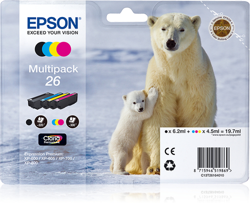 Epson 26 Polar Bear Black Cyan Magenta Yellow Standard Capacity Ink Cartridge Multipack 6ml + 3 x 4.5ml (Pack 4) - C13T26164010