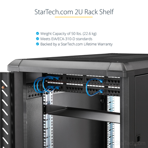 StarTech.com 2 HE Fest montierter Fachboden für Server Rack/ Schrank bis 22 Kg - 55 cm Tief - 22,68 kg Maximale Gewichtska