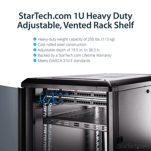 StarTech.com 1 HE verstellbarer Schwerlast Fachboden für Server Rack/ Schrank bis 113 Kg - belüftet - 113,40 kg Static/Sta