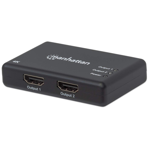 Manhattan HDMI Splitter 2-Port , 4K@30Hz, Displays output from x1 HDMI source to x2 HD displays (same output to both displays), AC Powered (cable 0.9m), Black,