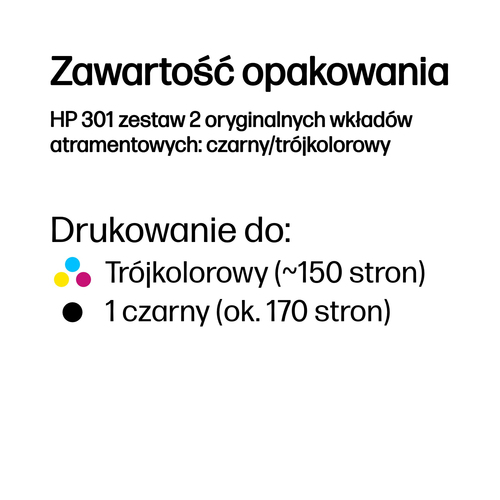 Zestaw 2 oryginalnych wkładów/tuszy HP 301 (N9J72AE) Czarny + kolorowy (CMYK)