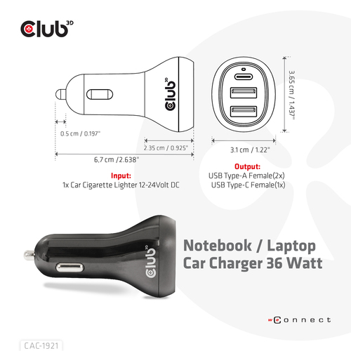Club 3D Notebook / Laptop autolader 36 Watt oplader, afbeelding 3