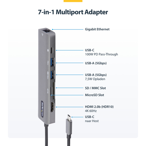 StarTech.com USB C Multiport Adapter - USB-C naar 4K 60Hz HDMI 2.0, 100W Power Delivery Pass-through, SDMicroSD, 2-Port USB 3.0 Hub, GbE, afbeelding 7