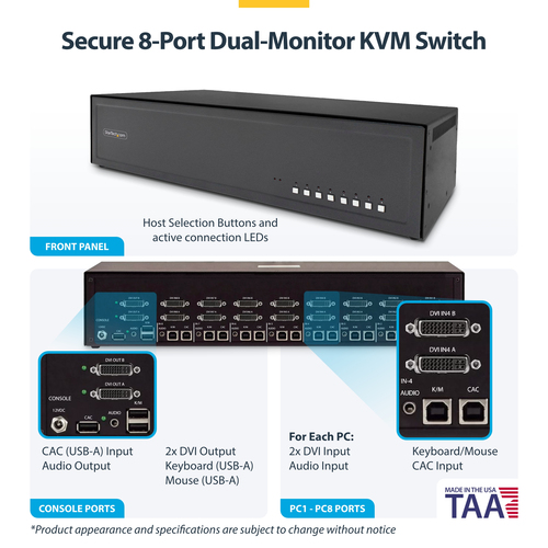 StarTech.com Secure 8-Port Dual-Monitor KVM Switch, DVI, NIAP 4.0 Desktop KVM, Metal Housing, CAC Port, Made in the USA – image 4