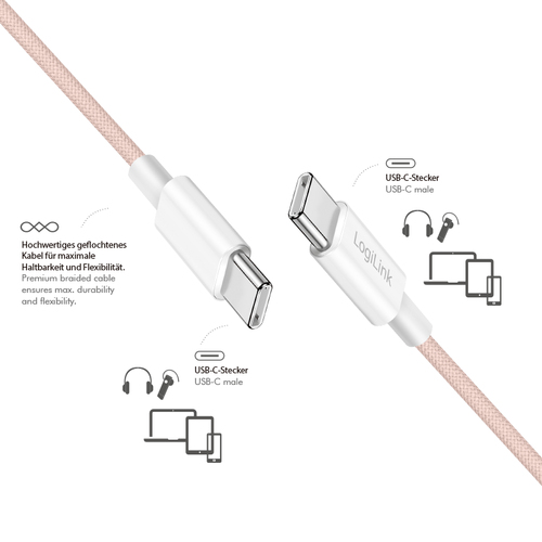 Product image: LogiLink USB 2.0 Type-C cable, C/M to C/M, nylon jacket, 60W, pink, 1.5 m