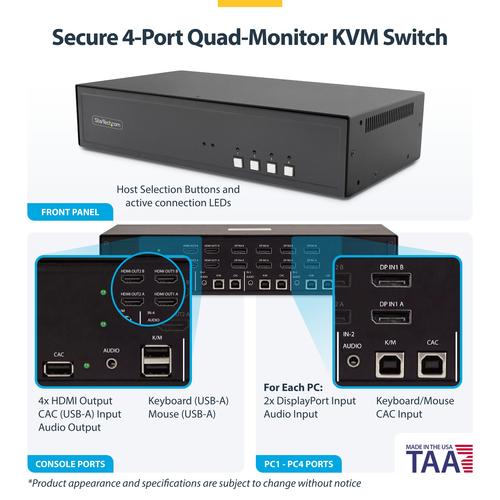 StarTech.com Secure 4-Port Quad-Monitor KVM Switch, 2x DisplayPort In to 4x HDMI Out, 4K – image 4