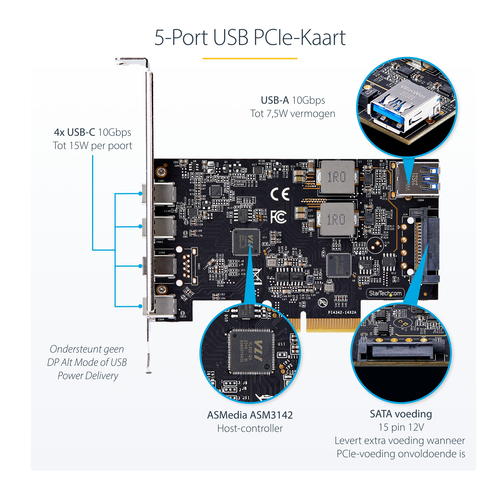 StarTech.com 5-Port USB PCIe Card, USB 3.2 10Gbps, PCI Express Card with 4x USB-C Ports, 1x USB-A Internal Port, USB PCIe Controller Card,, afbeelding 7