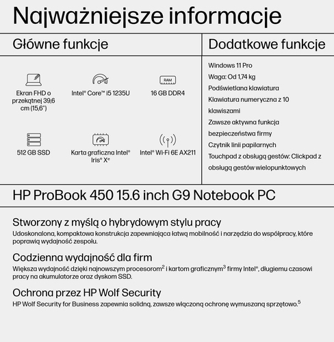 HP Inc. Notebook ProBook 450 G9 i5-1235U 512GB/16GB/W11P/15,6 cala 9M3U2AT